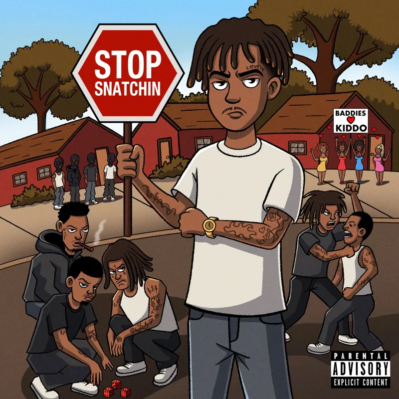 Stop Snatchin' cover art — cartoon Luh Kiddo holding a Stop Snatchin' stop sign in the neighborhood