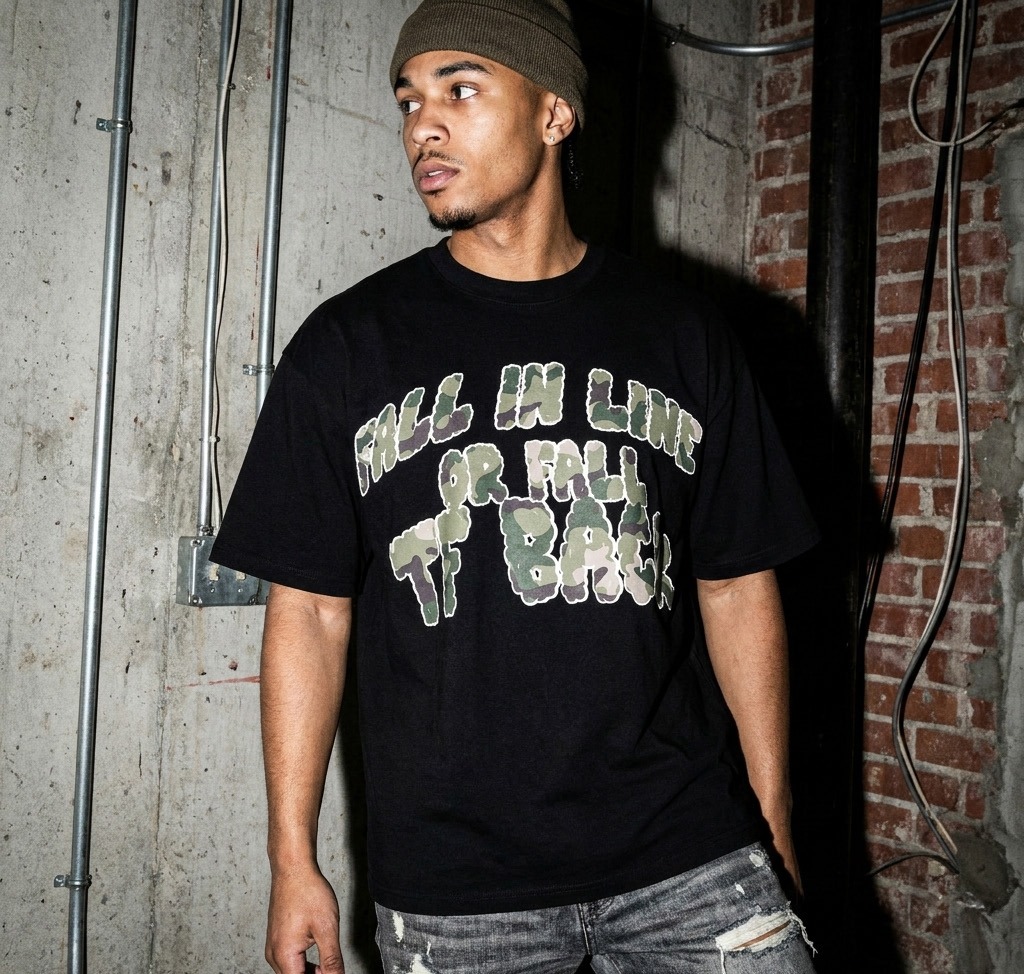 FALL IN LINE CAMO TEE — Luh Kiddo merch mockup